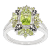 Cushion Green Peridot Sterling Silver Ring with Accents of Black Stones, showcasing elegant design and vibrant colors.